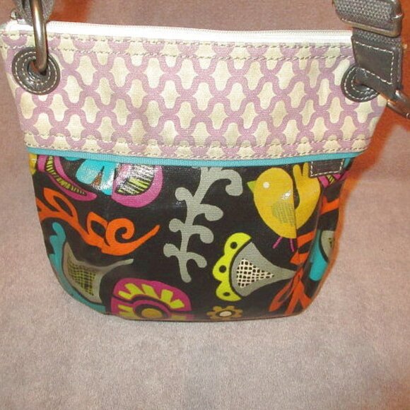 Vtg Y2K Fossil Key-Per Coated Canvas Crossbody Shoulder Bag Hobo Funky Bird Art - Picture 11 of 13